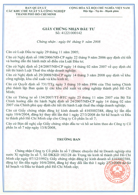 Chứng nhận đầu tư của công ty in bao bì IN7. 1